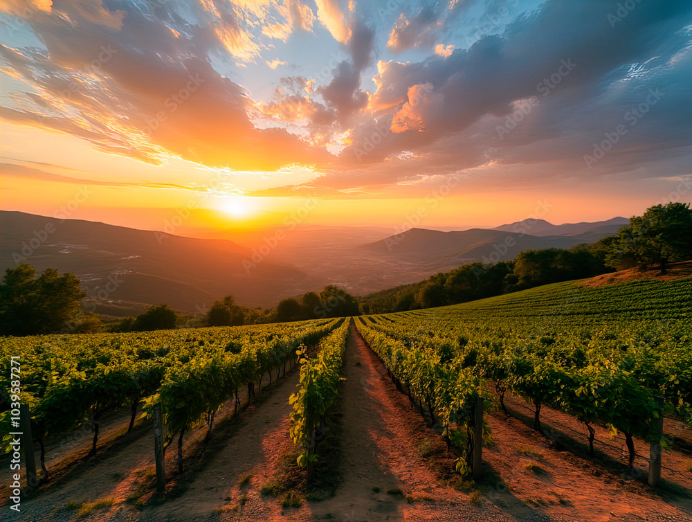 Fototapeta premium Panorama view on a vineyard on a hill at sunset