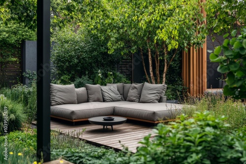 A comfy outdoor sectional sofa surrounded by vibrant green plants and trees, providing a perfect space for a cozy outdoor lounging experience.