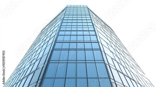 Sleek office skyscraper with reflective glass fade and sharp angles, isolated on white background