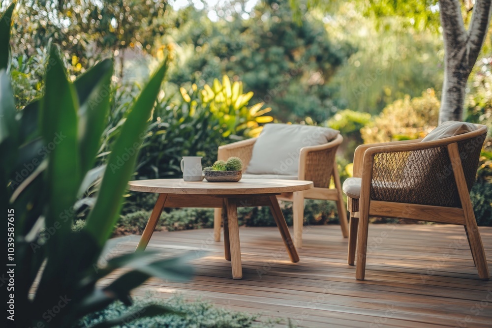 Obraz premium A stylish outdoor area featuring two wicker chairs with a wooden tabletop, surrounded by lush garden plants, perfect for enjoying a tranquil and leisurely atmosphere.