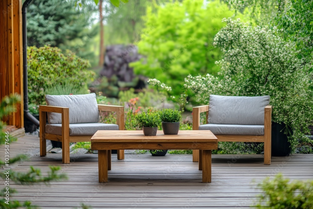 An inviting outdoor deck featuring two cushioned chairs and a wooden table with lush green plants, creating a cozy and peaceful space to unwind and relax. An inviting outdoor deck featuring two cushioned chairs and a wooden table with lush green plants, creating a cozy and peaceful space to unwind and relax.