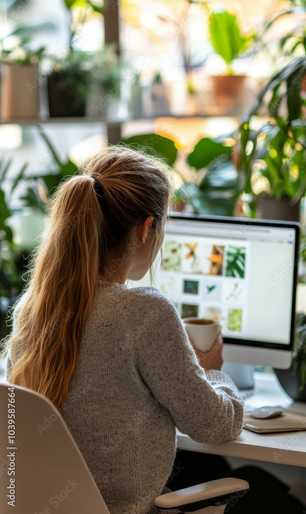 Woman working on computer, drinking coffee. Woman working on computer, drinking coffee.