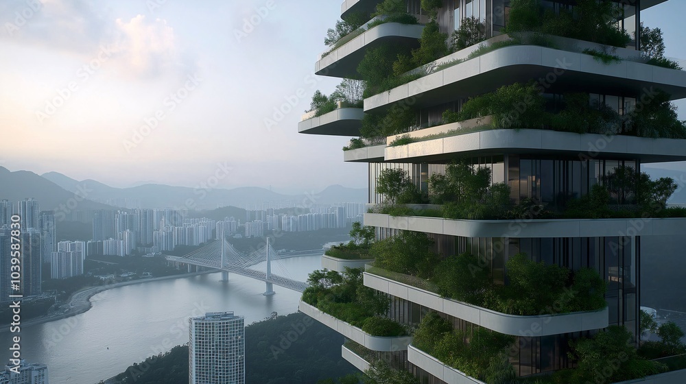 Vertical Garden City: A stunning rendering of a futuristic, eco-friendly skyscraper with lush vertical gardens, showcasing a harmonious blend of nature and urban living. Vertical Garden City: A stunning rendering of a futuristic, eco-friendly skyscraper with lush vertical gardens, showcasing a harmonious blend of nature and urban living.
