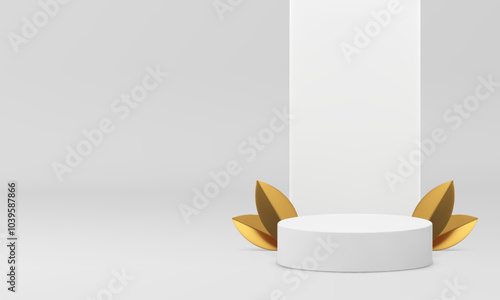 Light 3d podium pedestal with golden leaves showroom for product show realistic vector illustration. White cylinder platform neutral showcase with luxury leaf mockup for presentation shopping sale