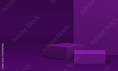 Purple 3d podium pedestal showcase with wall background realistic vector illustration. Violet minimalist showroom empty advertising space interior squared platform for product show presentation