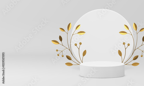 White luxury 3d podium with golden branch mockup for show realistic vector illustration. Light neutral cylinder pedestal with round wall background and decorative leaves showcase product presentation