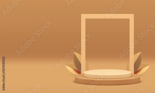 3d beige cylinder podium with golden leaves for product show realistic vector illustration. Neutral pastel pedestal with rectangle frame geometric stand for promo presentation commercial advertising