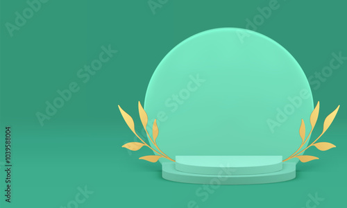 3d green geometric podium pedestal with golden leaves branch for product show realistic vector illustration. Trendy elegant luxury semicircle stand with wall background showcase shopping presentation