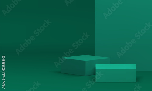 3d green showroom squared podium with wall background for presentation realistic vector illustration. Trendy minimalist showcase geometric pedestal space mockup for cosmetic product show advertising