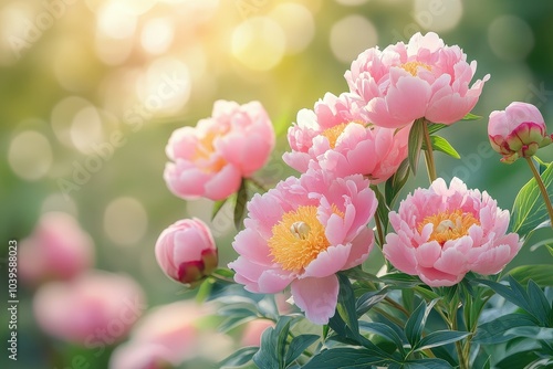 Extreme close-up of spring flowers in garden with blue background. Beautiful simple AI generated image