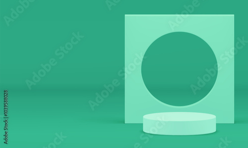 3d green cylinder podium with geometric wall background for presentation realistic vector illustration. Trendy minimalist pedestal with hole squared frame backdrop mockup for commercial product show
