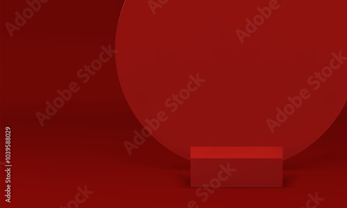 3d red squared podium pedestal with round shape wall background for show realistic vector illustration. Trendy minimalist aesthetic stage platform circle form backdrop mockup for product presentation