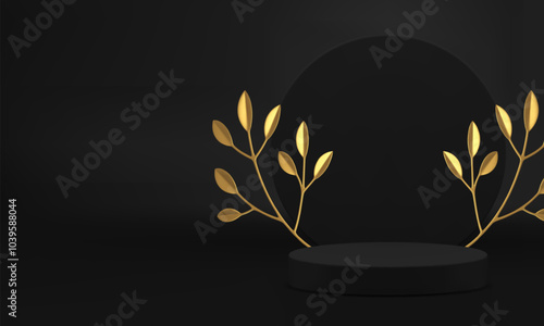3d black showcase podium pedestal for luxury product presentation realistic vector illustration. Dark cylinder stage with round wall background and golden branch leaves for fashion shopping sale show