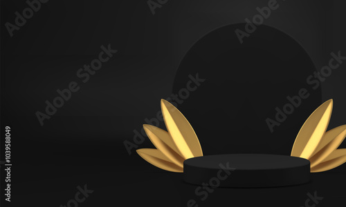 3d black luxury podium showcase with golden leaves for presentation realistic vector illustration. Dark fashion cylinder pedestal display with round wall background for product advertising show