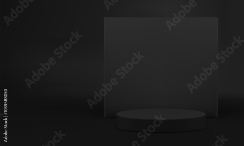 3d black cylinder podium with squared wall background mockup for presentation realistic vector illustration. Dark fashion minimalist pedestal for brutal male product show commercial advertising sale