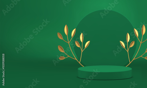 3d green cylinder podium with golden branch leaves for product presentation realistic vector illustration. Luxury elegant round stand platform with circle wall background for commercial advertising