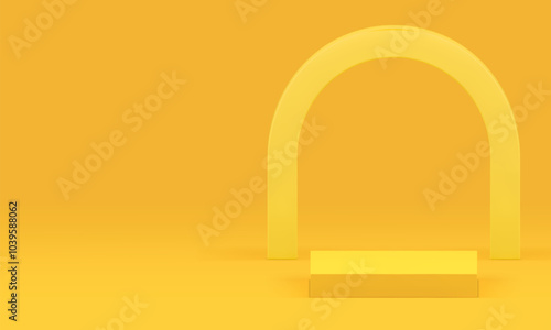 Yellow 3d podium with arch shape wall background for presentation realistic vector illustration. Trendy minimalist squared pedestal geometric display for product show shopping sale advertising