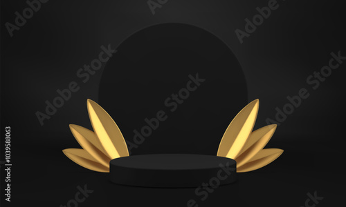 3d black cylinder podium pedestal for luxury product presentation realistic vector illustration. Fashion elegant display with golden leaves and round wall background trendy premium show advertising