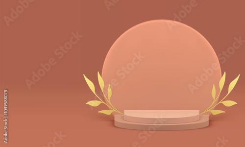 Beige 3d podium luxury pedestal with golden branch for show realistic vector illustration. Neutral pastel semicircle platform display with round wall background mockup for product presentation