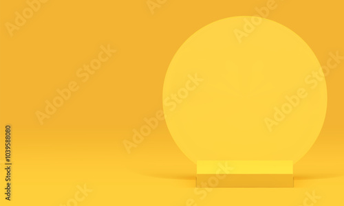 3d squared podium with round wall background yellow display for show realistic vector illustration. Trendy minimalist geometric showcase pedestal for shopping sale product presentation advertising