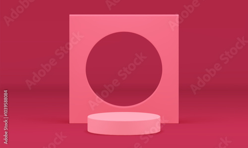 3d pink cylinder podium pedestal mockup for beauty cosmetic product show realistic vector illustration. Elegant feminine stand with circle hole squared frame geometric shape trendy minimalist display