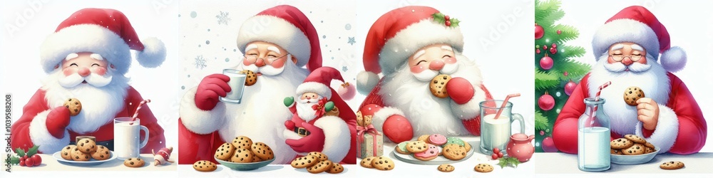 Cheerful Santa Claus enjoys cookies and milk in a festive scene, evoking holiday joy and warmth. Cheerful Santa Claus enjoys cookies and milk in a festive scene, evoking holiday joy and warmth.