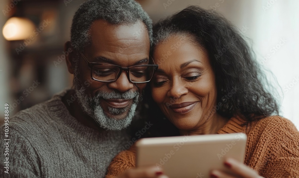 Happy senior couple using a digital tablet together, Generative AI Happy senior couple using a digital tablet together, Generative AI