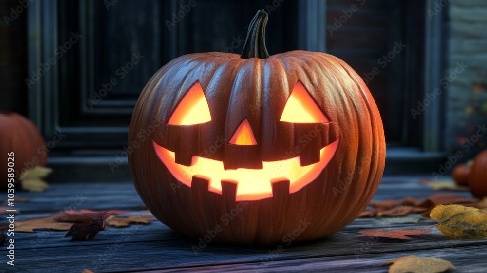 Obraz premium Glowing Halloween Carved Pumpkin on Spooky Porch - 3D Illustration of Jack O'Lantern with Creepy Decorations