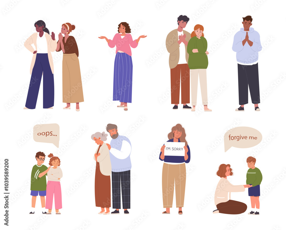 Obraz premium Set of characters feeling sorry, apologizing, express remorse, feeling guilty. Negative emotions, apologetic male or female characters. Kids with sorry face. Flat vector illustration isolated on white