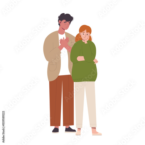 Desperate man asking stubborn woman for forgiveness. Unhappy crying guy beg for confident girl attention. Love and relationships problems. Sorry concept. Vector illustration isolated on white.