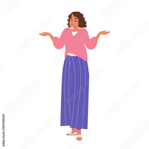 Gesture oops, sorry or I do not know. Woman feeling sorry concept. Flat vector illustration isolated on white. Female character shrugs and spreads hands. National Sorry Day. Apologize, feeling guilty