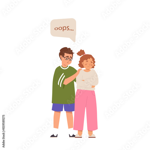 Cartoon little kid saying Sorry, asks friend about forgiveness. Cute adorable boy apologising to girl cartoon vector illustration isolated on white background. Children with sorry face, feeling guilty