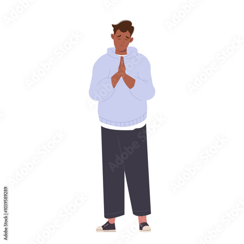 Young man with hands in prayer and sorry face ask for forgiveness or beg. Flat vector illustration isolated on white background. Male character apologizing, feeling really sorry, embarrassed, ashamed.