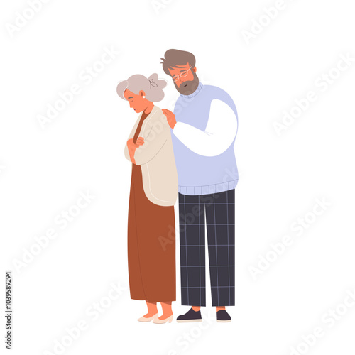 Desperate elderly man asking an offended wife about forgiveness. Unhappy senior with sorry face, feeling guilty. Couple or family relationships. Sorry concept. Flat vector isolated illustration.