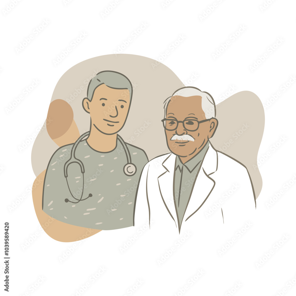 Vector illustration of a doctor and an elderly man, doodle style, simple style Vector illustration of a doctor and an elderly man, doodle style, simple style