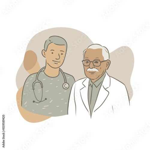 Vector illustration of a doctor and an elderly man, doodle style, simple style