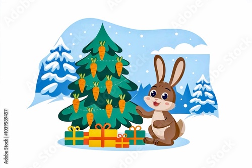 Hare sitting by the Christmas tree decorated with carrots 