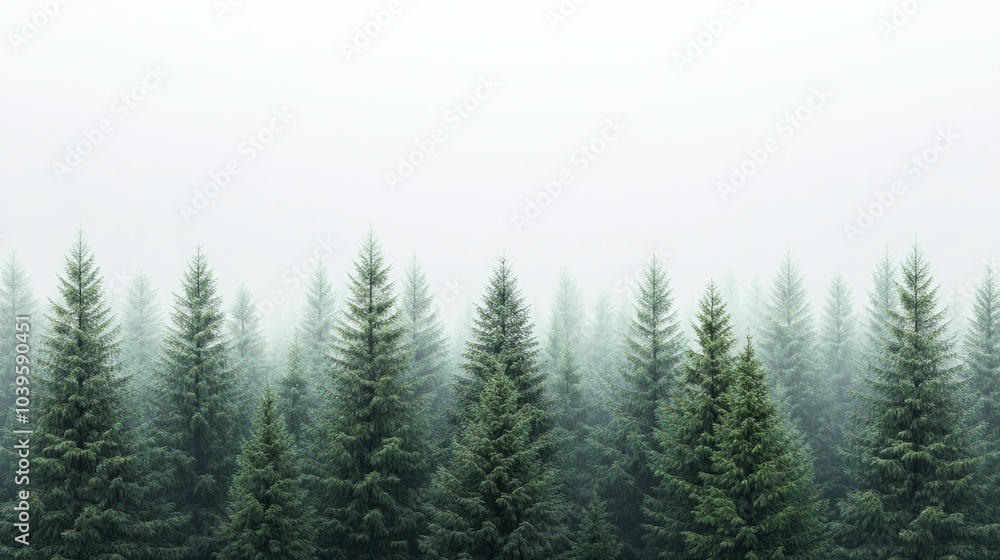 A forest of trees with a foggy sky in the background A forest of trees with a foggy sky in the background