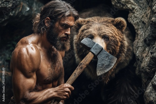 A muscular man gripping an axe stands face-to-face with a bear inside a dim cave, showcasing survival instincts, tension, and the element of surprise.