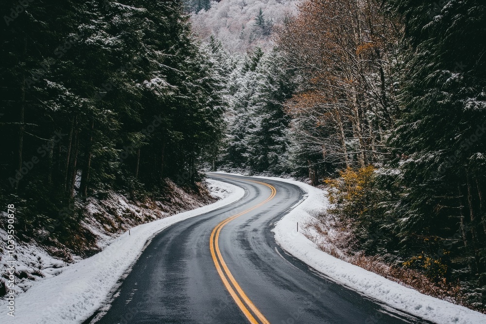 A winding road marked with yellow lines weaves through a forest blanketed in fresh snow, highlighting the beauty of winter travel and nature's peace and calmness. A winding road marked with yellow lines weaves through a forest blanketed in fresh snow, highlighting the beauty of winter travel and nature's peace and calmness.