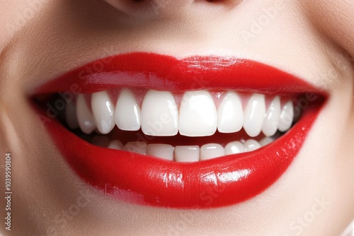 A woman with a red lip and white teeth