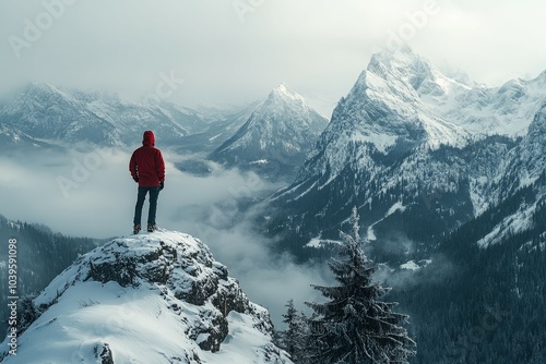 A picturesque mountain cabin nestled in a snow-covered valley, surrounded by towering pine trees and a clear winter sky. Beautiful simple AI generated image