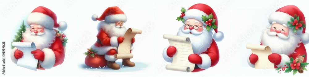 Four cheerful Santa Clauses engaged in various festive activities, each holding a scroll, exuding holiday spirit and joy. Four cheerful Santa Clauses engaged in various festive activities, each holding a scroll, exuding holiday spirit and joy.