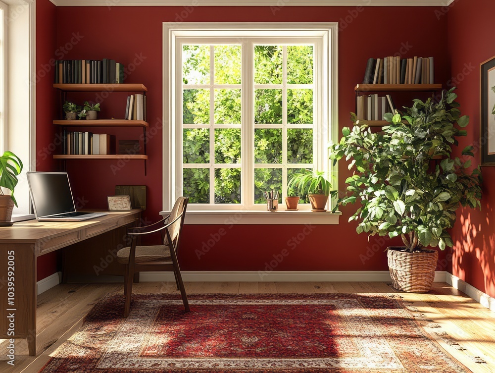 Study room with red walls and light brown furniture Study room with red walls and light brown furniture