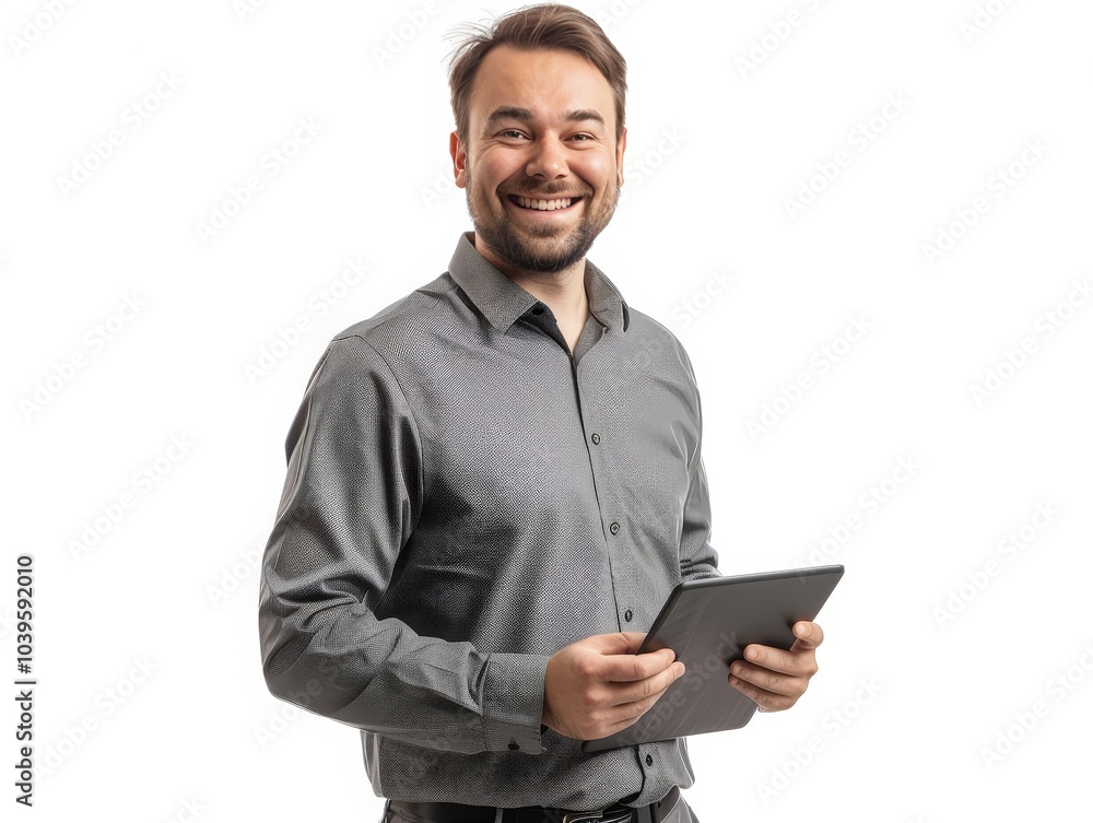 Smiling man with tablet in his hands Isolated On White Background Smiling man with tablet in his hands Isolated On White Background