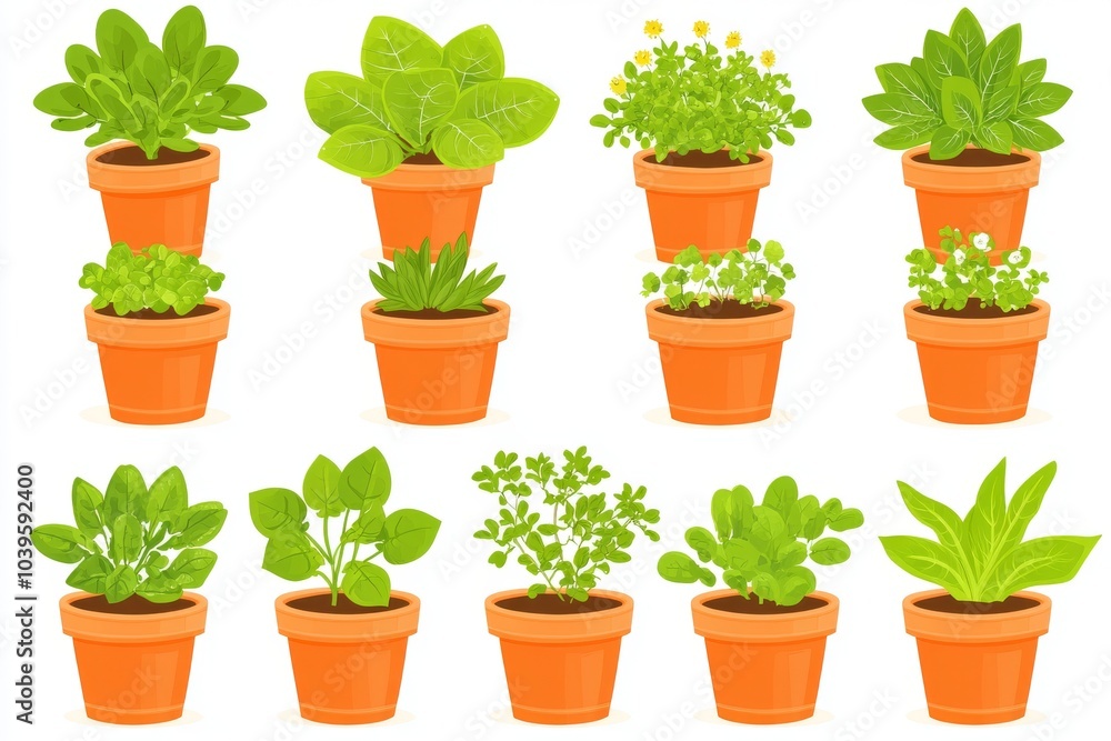 Obraz premium Colorful display of potted herbs in terracotta pots symbolizing home gardening herb care and small space gardening trends for urban homes