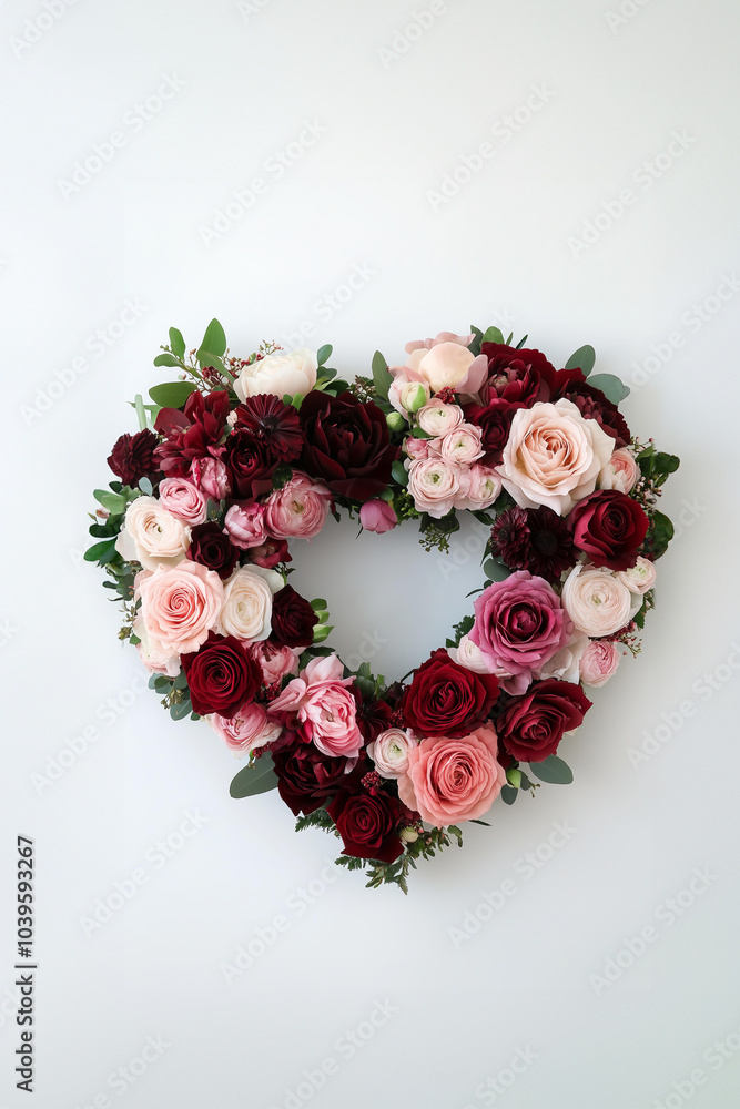 heart-shaped arrangement of roses, ranunculuses , peonies in various shades, including reds and pinks, forms an elegant floral wreath on a white background for Valentine's Day. heart-shaped arrangement of roses, ranunculuses , peonies in various shades, including reds and pinks, forms an elegant floral wreath on a white background for Valentine's Day.