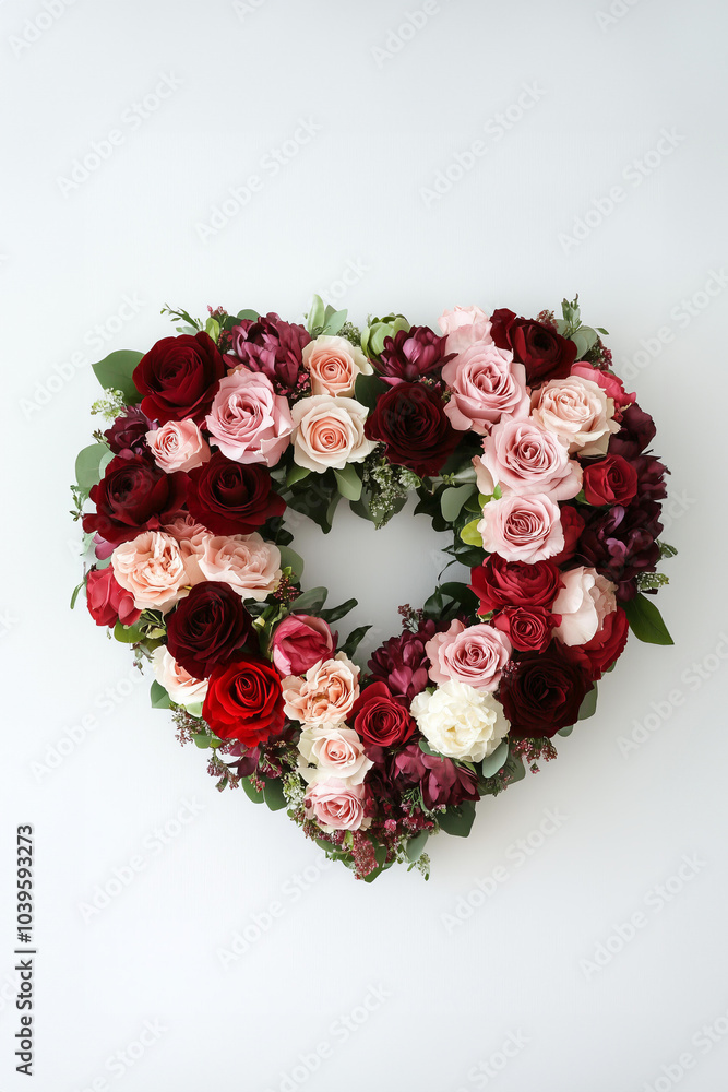 heart-shaped arrangement of roses, ranunculuses , peonies in various shades, including reds and pinks, forms an elegant floral wreath on a white background for Valentine's Day. heart-shaped arrangement of roses, ranunculuses , peonies in various shades, including reds and pinks, forms an elegant floral wreath on a white background for Valentine's Day.