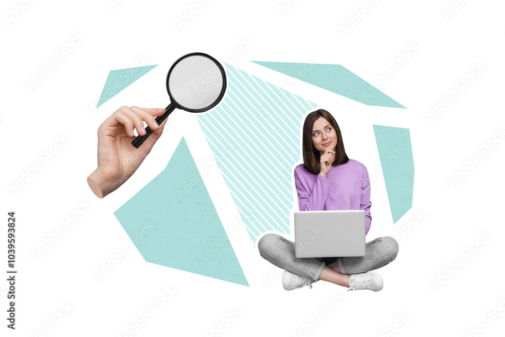 Creative 3d collage artwork of minded lady freelancer using netbook consider business questions isolated on painting background Creative 3d collage artwork of minded lady freelancer using netbook consider business questions isolated on painting background