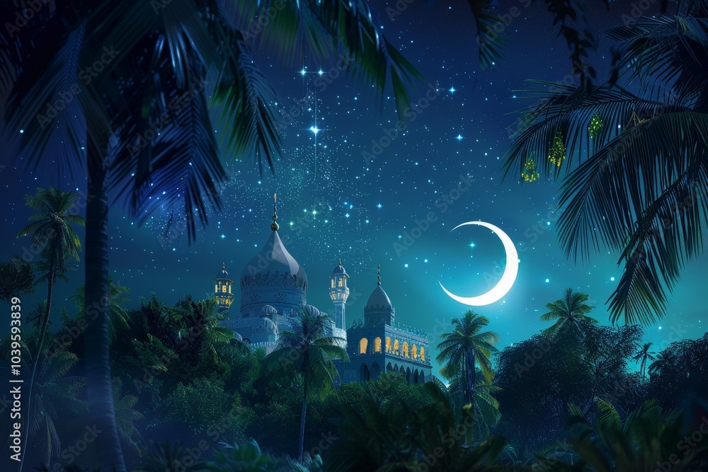 Mystical Night with Crescent Moon and Mosque Mystical Night with Crescent Moon and Mosque